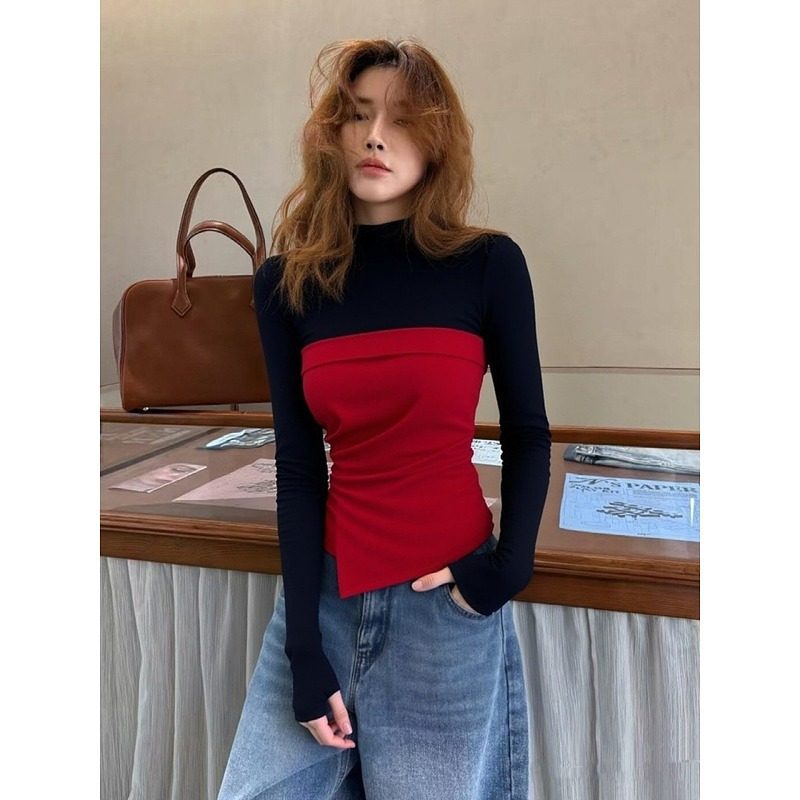 大码胖mm甜辣妹拼色半高领长袖T恤女秋冬内搭不规则显瘦气质上衣,女装/女士精品,大码内搭,淘宝优惠券,粉丝福利购,淘宝优惠卷
