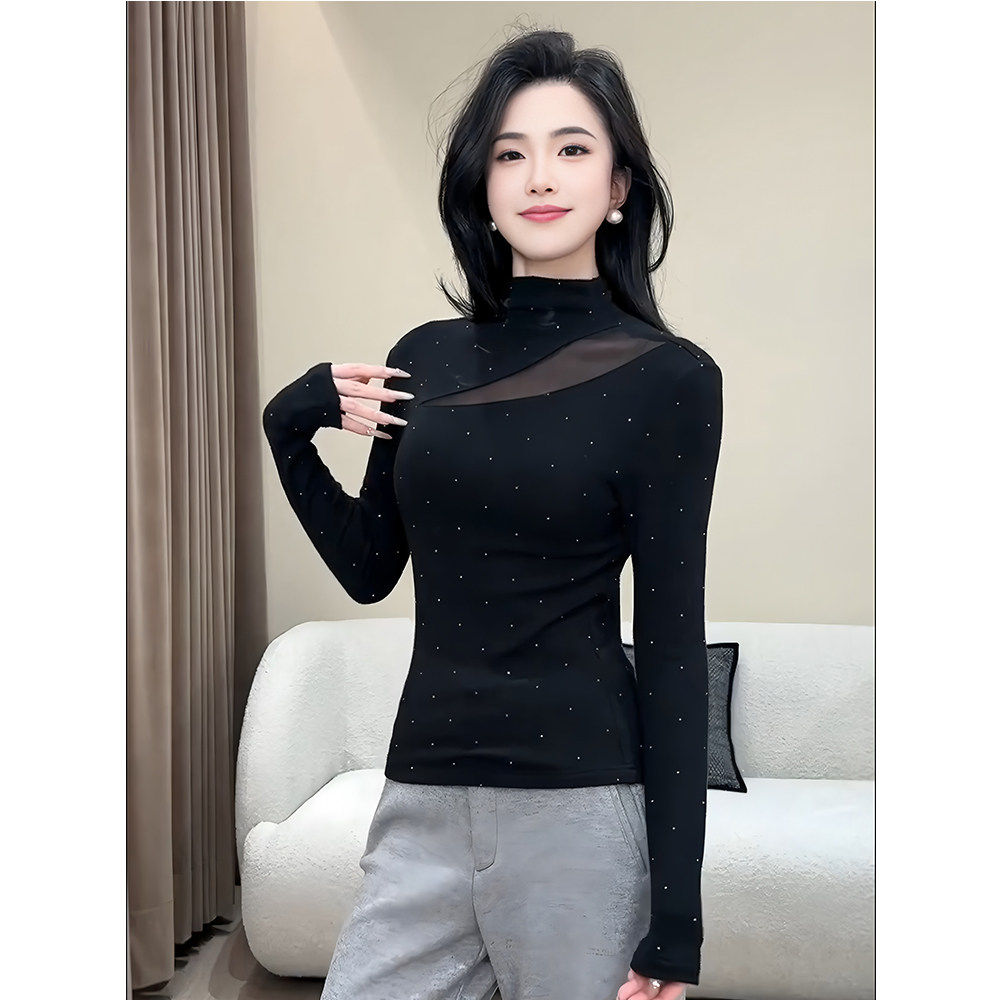 大码胖mm韩系时髦半高领拼接镂空网纱长袖T恤女早春修身显瘦上衣,女装/女士精品,大码内搭,淘宝优惠券,粉丝福利购,淘宝优惠卷