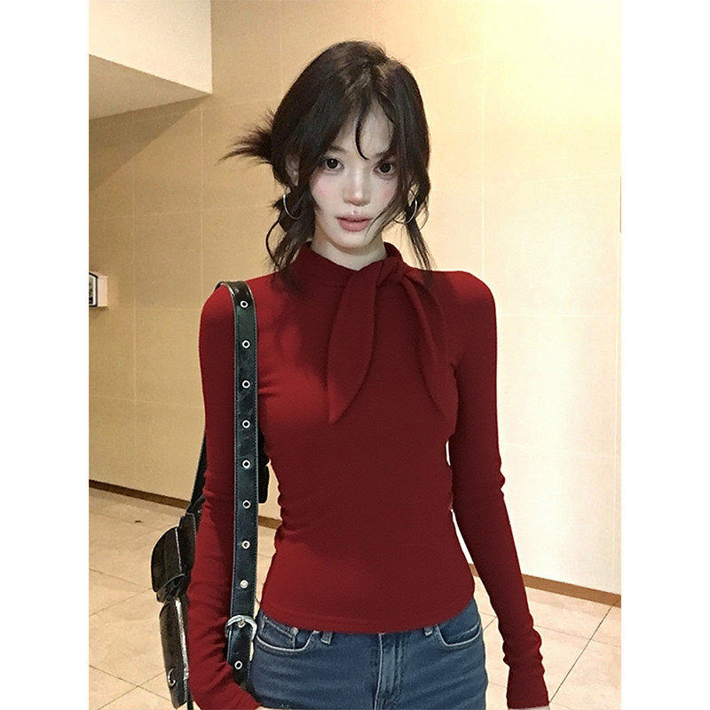 大码胖妹妹红色蝴蝶结长袖t恤女秋冬圆领内搭打底衫高级感上衣ins,女装/女士精品,大码内搭,淘宝优惠券,粉丝福利购,淘宝优惠卷