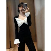 大码 上衣 T恤女秋冬设计感显瘦气质内搭长袖 法式 蝴蝶结拼接打底衫