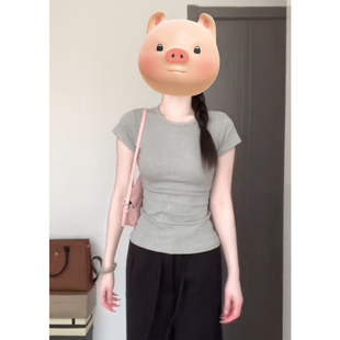 设计感小众显瘦上衣 t恤女夏季 大码 胖mm简约高级正肩灰色圆领短袖