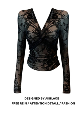 大码御姐气质V领扭结长袖T恤女秋冬胖mm修身内搭性感蕾丝打底上衣