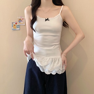 内搭 大码 胖mm春季 新款 韩系设计感白色吊带背心女蕾丝花边下摆修身