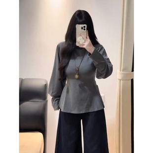 遮肚子气质显瘦修身 T恤女秋装 上衣 胖mm设计感收腰半高领长袖 大码