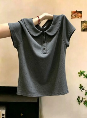 大码韩系灰色娃娃领短袖T恤女夏季纽扣装饰百搭显瘦休闲时尚上衣