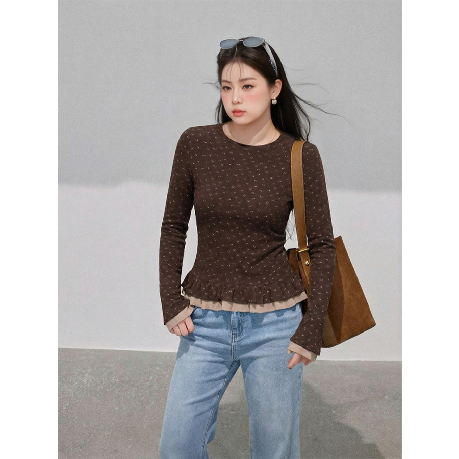 大码胖妹妹韩系双层花边磨毛碎花T恤秋冬设计感修身显瘦长袖上衣,女装/女士精品,大码内搭,淘宝优惠券,粉丝福利购,淘宝优惠卷