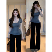 胖MM休闲方领正肩t恤女短袖 2025新款 夏季 大码 遮肚修身 显瘦上衣