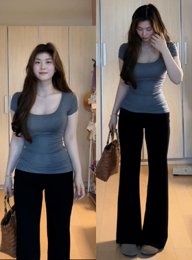 大码胖MM休闲方领正肩t恤女短袖2026新款夏季遮肚修身显瘦上衣