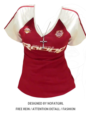 大码胖mm美式辣妹v领撞色印花短袖T恤女装夏季修身显瘦运动风上衣