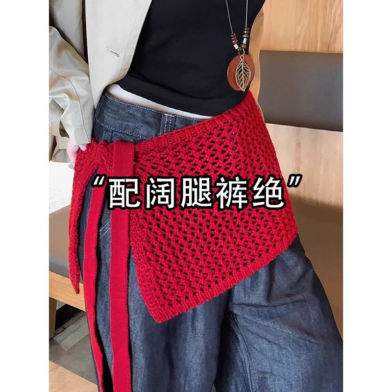 大码韩系红色针织屁帘女2026小众绑带系腰半身裙叠穿显瘦镂空裙帘,女装/女士精品,大码半身裙,淘宝优惠券,粉丝福利购,淘宝优惠卷