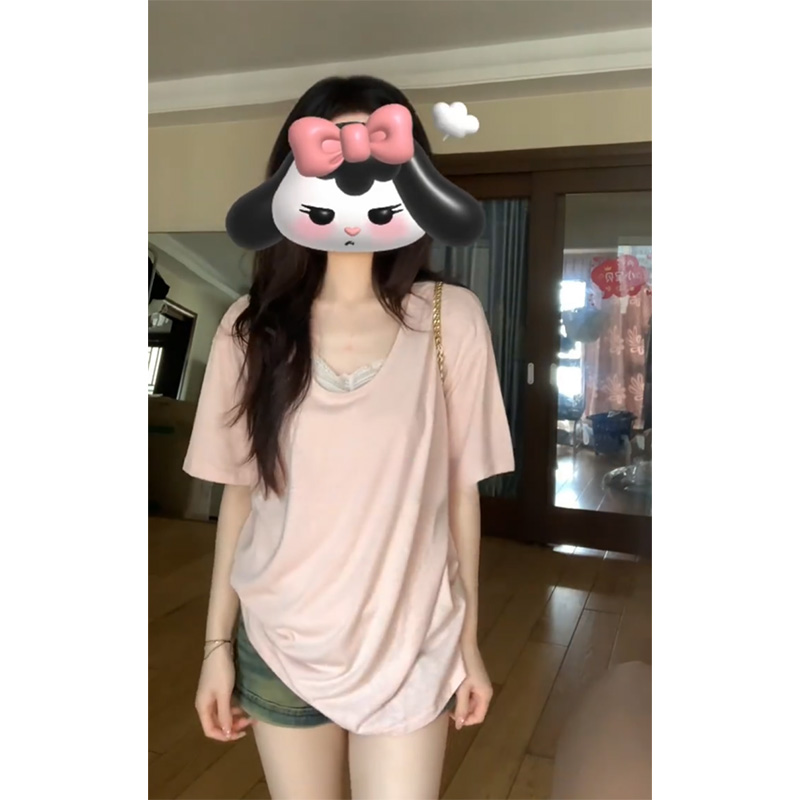 宽松显瘦中长款短袖粉色t恤