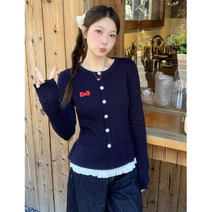 显瘦荷叶边针织开衫 大码 胖mm芭蕾风刺绣蝴蝶结毛衣女秋冬韩系修身