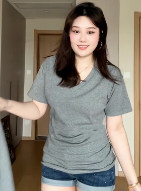 大码胖妹妹韩系V领高级感短袖T恤女2026夏季新款收腰褶皱灰色上衣