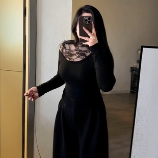 打底衫 t恤女秋冬胖mm加绒磨毛显瘦气质修身 上衣 蕾丝拼接长袖 大码