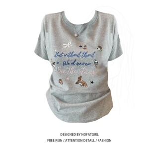 t恤女夏季 复古刺绣正肩短袖 褶皱掐腰显瘦百搭上衣潮 胖MM美式 大码