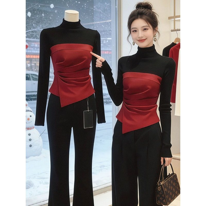 大码胖mm撞色拼接半高领长袖T恤女2026春季新款气质收腰内搭上衣,女装/女士精品,大码内搭,淘宝优惠券,粉丝福利购,淘宝优惠卷