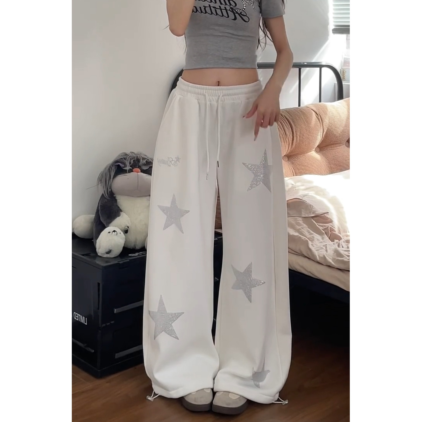 大码胖MM美式复古星星烫钻阔腿裤女秋冬高腰宽松显瘦垂感百搭卫裤,女装/女士精品,大码裤装,淘宝优惠券,粉丝福利购,淘宝优惠卷