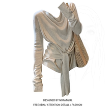 大码胖妹妹韩系设计感荡领腰带T恤女早秋季收腰褶皱绑带显瘦上衣