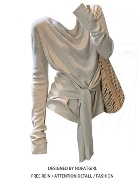 大码胖妹妹韩系设计感荡领腰带T恤女早秋季收腰褶皱绑带显瘦上衣