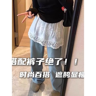 大码 气质遮胯叠穿屁帘短裙 胖mm蕾丝拼接A字半身裙女秋冬高腰时尚