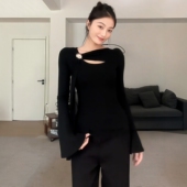 修身 大码 内搭上衣T恤 打底衫 女秋冬季 胖MM法式 不对称镂空黑色长袖