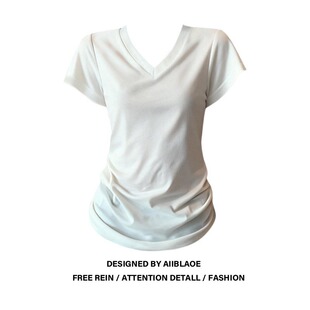 时尚 大码 T恤女夏季 显瘦白色正肩短袖 百搭减龄V领上衣 胖mm收腰修身