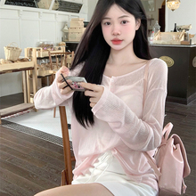 大码女装薄款长袖t恤防晒衫女夏季宽松显瘦遮肚露背系带罩衫上衣