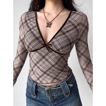 大码胖MM美式性感辣妹风格纹v领长袖T恤早秋显瘦气质百搭修身上衣