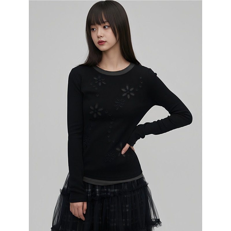大码胖mm双层绣花镂空花朵长袖T恤秋冬季圆领气质刺绣假两件上衣,女装/女士精品,大码内搭,淘宝优惠券,粉丝福利购,淘宝优惠卷