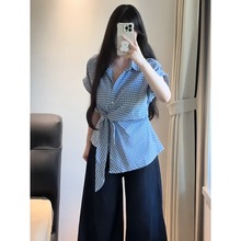 大码女装镶钻绑带掐腰蓝色格子短袖衬衫夏季新款胖mm显瘦遮肉上衣