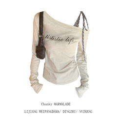 大码胖mm设计感格子绑带斜肩长袖t恤女早秋韩系修身显瘦百搭上衣