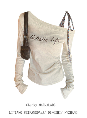 大码胖mm设计感格子绑带斜肩长袖t恤女早秋韩系修身显瘦百搭上衣