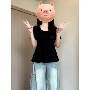 大码 遮肚显瘦洋气上衣 胖MM纯欲辣妹风气质方领正肩T恤女夏季 新款