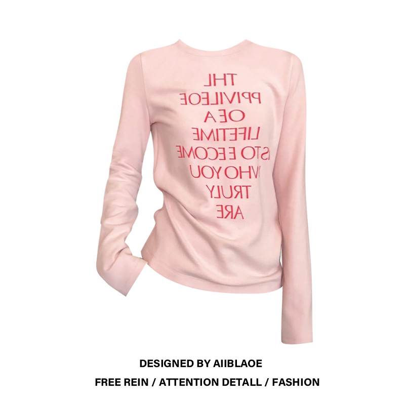 大码粉色字母印花长袖T恤女秋冬胖mm时尚减龄百搭绝美打底衫上衣