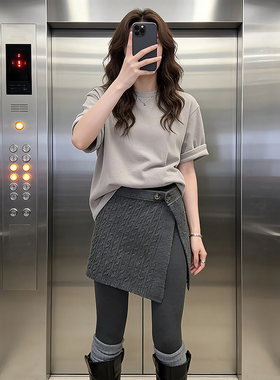 大码胖mm韩系开叉灰色麻花针织屁帘女2026早春新款遮屁股显瘦半裙