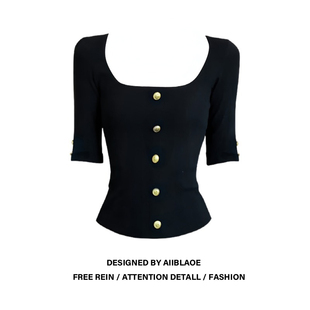 新款 大码 T恤女夏季 辣妹方领纽扣中袖 显瘦气质百搭上衣潮 胖mm美式