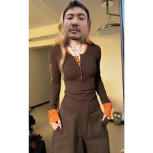 大码胖MM美式老钱风撞色长袖T恤女早秋显瘦气质设计感打底衫上衣