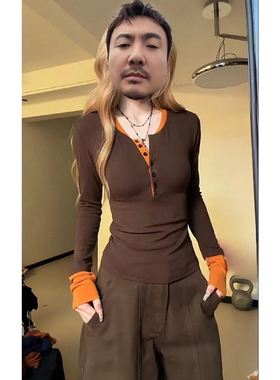 大码胖MM美式老钱风撞色长袖T恤女春秋显瘦气质设计感打底衫上衣