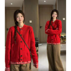 大码胖mm韩系假两件红色格子针织小开衫女秋季设计感拼接毛衣外套