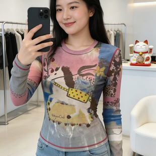 2026新款 大码 t恤女春季 长袖 显瘦别致上衣 微胖mm小马印花网纱修身