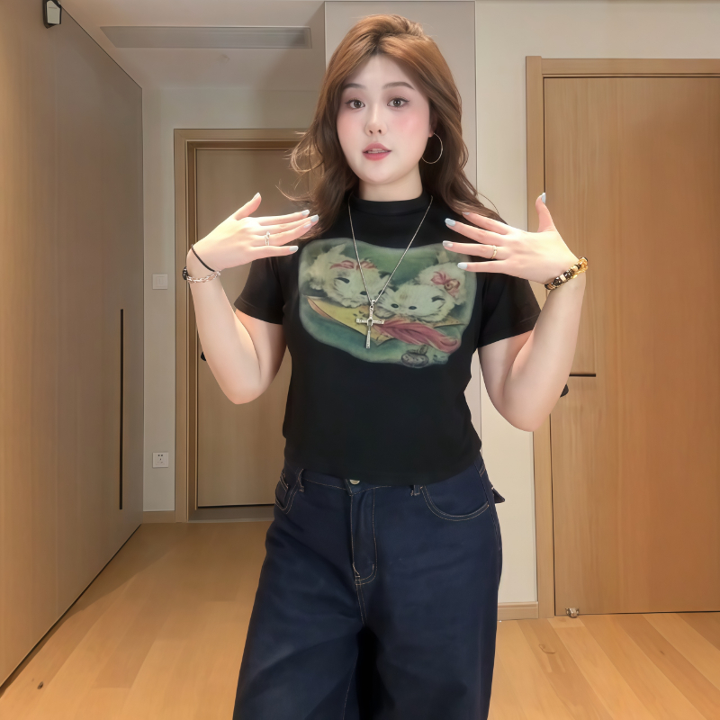 大码美式猫咪印花正肩短袖t恤女2025夏季短款修身显瘦上衣打底衫