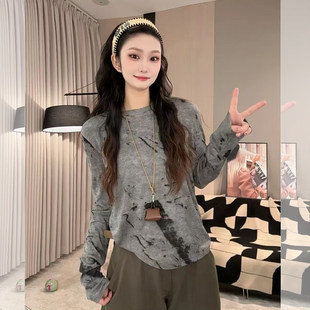 大码胖mm灰色晕染长袖t恤女装打底衫2026春季新款高级感显瘦上衣