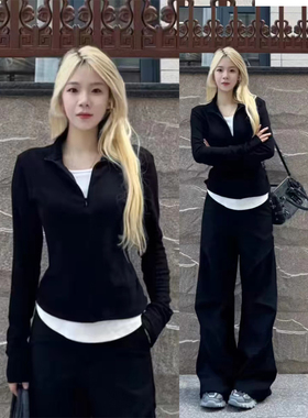 大码胖mm美式辣妹v领假两件长袖打底衫女秋冬设计感修身显瘦上衣