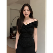 显瘦气质短袖 大码 T恤 新款 修身 胖mm美式 辣妹风扭结一字肩上衣夏季