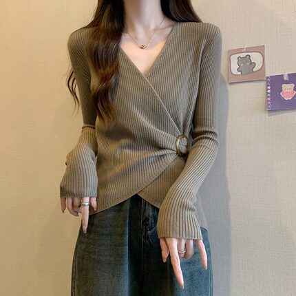 大码胖mm不规则交叉v领打底衫女2025新款秋冬内搭上衣长袖针织衫