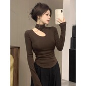 女显瘦气质T恤长袖 大码 胖mm春秋镂空露锁骨半高领黑色打底衫 上衣