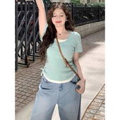 胖MM假两件撞色拼接抽褶短袖 t恤女夏季 新款 大码 掐腰修身 显瘦上衣