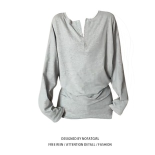 大码 上衣女早春小众设计感气质显瘦T恤 胖MM慵懒宽松排扣v领蝙蝠袖