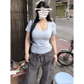 大码 掐腰显瘦u领上衣 t恤女2025年夏季 胖mm纯欲风辣妹修身 正肩短袖