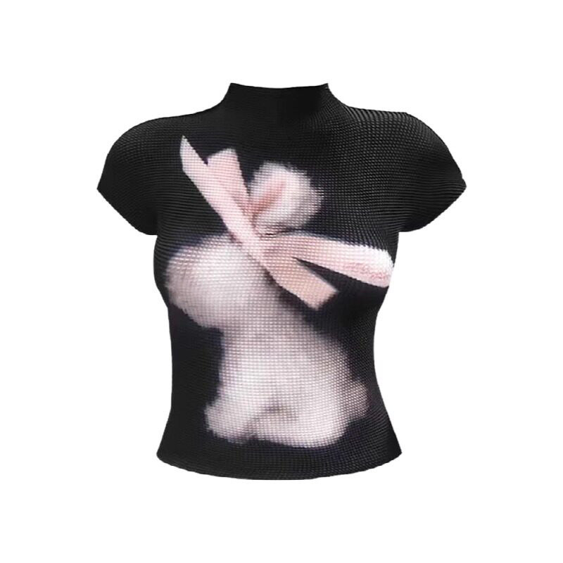 大码胖mm纯欲风丝带兔子印花褶皱短袖T恤美式辣妹显瘦修身上衣女